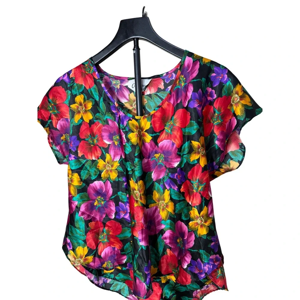 California Miss Vintage Floral Pajama Set Shorts Top Multicolor Satin Large USA